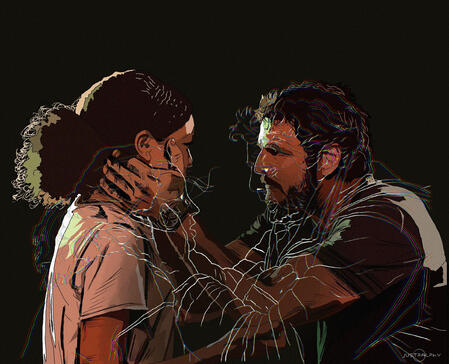 Art by JustRalphyyy, Hbo's The Last Of Us, colored in art of Joel holding Sarah's face and it is overlayed with an outline of Joel holding Ellie's face.