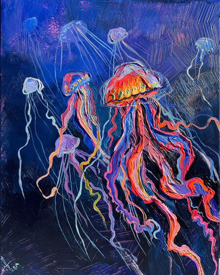 Painting by Anastasia Trusova, of very colorful Jellyfish, which get more detailed the closer to the foreground they get. Jellyfish closest to the viewer is comprised of almost all the colors in the rainbow, and is textured, in Anastasia's signature style.