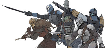 Art by Shadowyahaha of Disney's The Mandalorian, colored in lineart on a white background, featuring Din Djarin, Ig-11 with Grogu in his cockpit, The Armorer, Bo-Katan Kryze and Paz Vizsla. All the characters are in a battle pose, facing to the left.