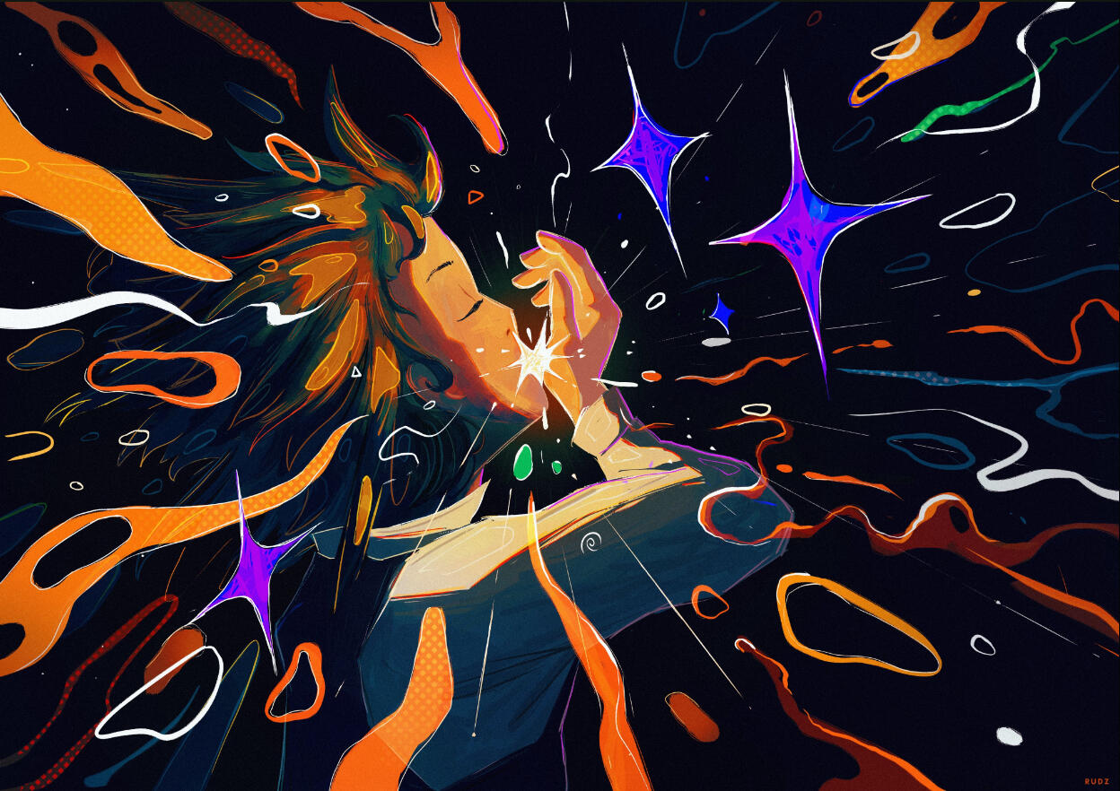 Art by rudzartz, a drawing of a boy eating a star. The foreground is mainly stars and squiggly shapes comprised of oranges, yellows and purples in various shades. Background is a very deep blue, and the boy is younger, and basking in the light of the star.